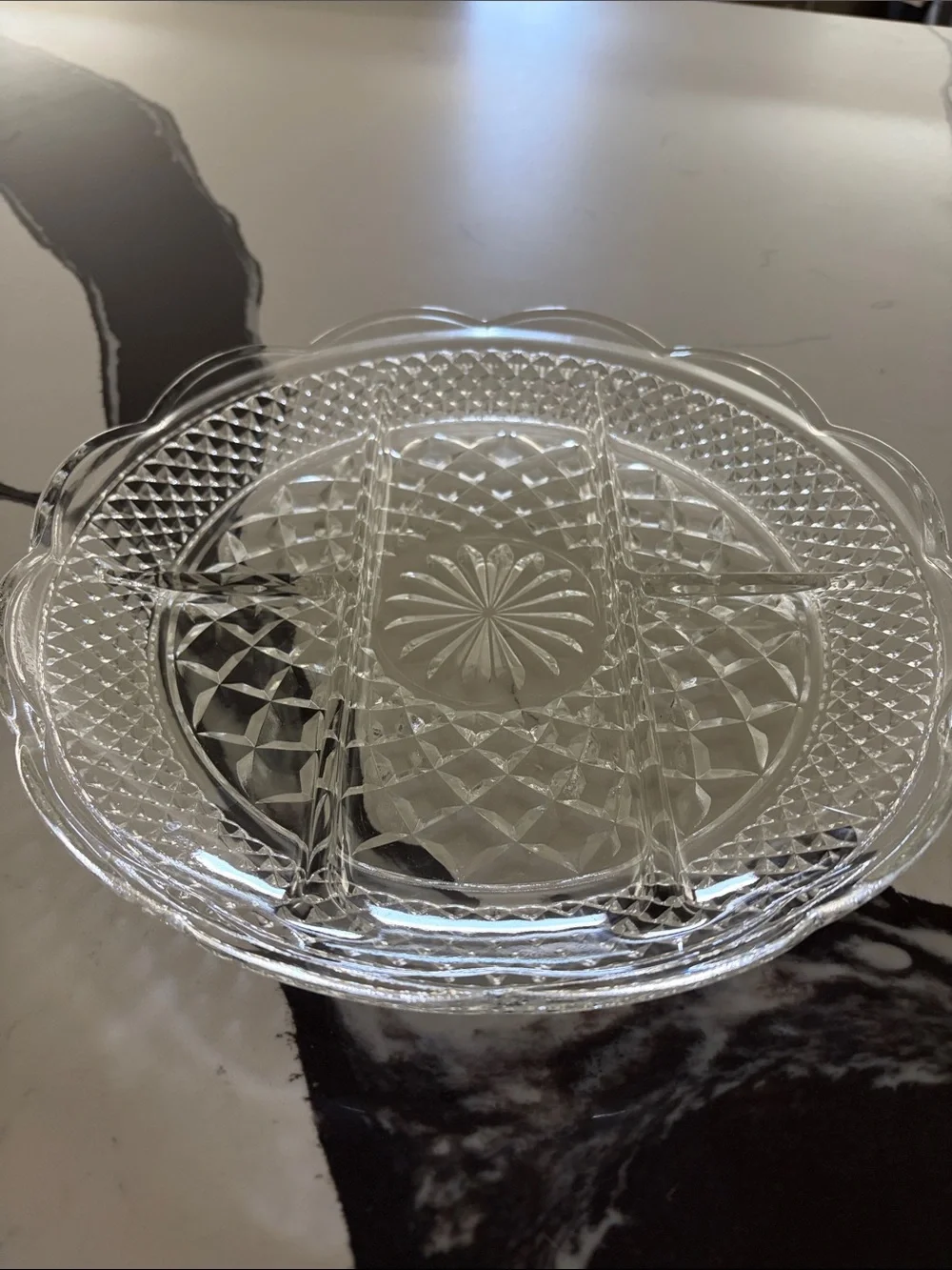 Clear Glass Divided Serving Platter - Elegant Scalloped Design